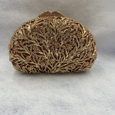 Fawziya Gold Intricate Floral Crystal-Encrusted Evening Clutch Wedding Prom READ - Image 1 of 4