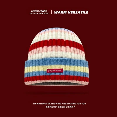 Nuovo cappello lavorato a maglia autunno e inverno caldo colori a righe - Immagine 1 di 4