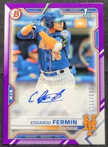 EDGARDO FERMIN 2021 BOWMAN PURPLE PAPER AUTO RC /250 PAPR-EF NEW YORK METS SP - Picture 1 of 2