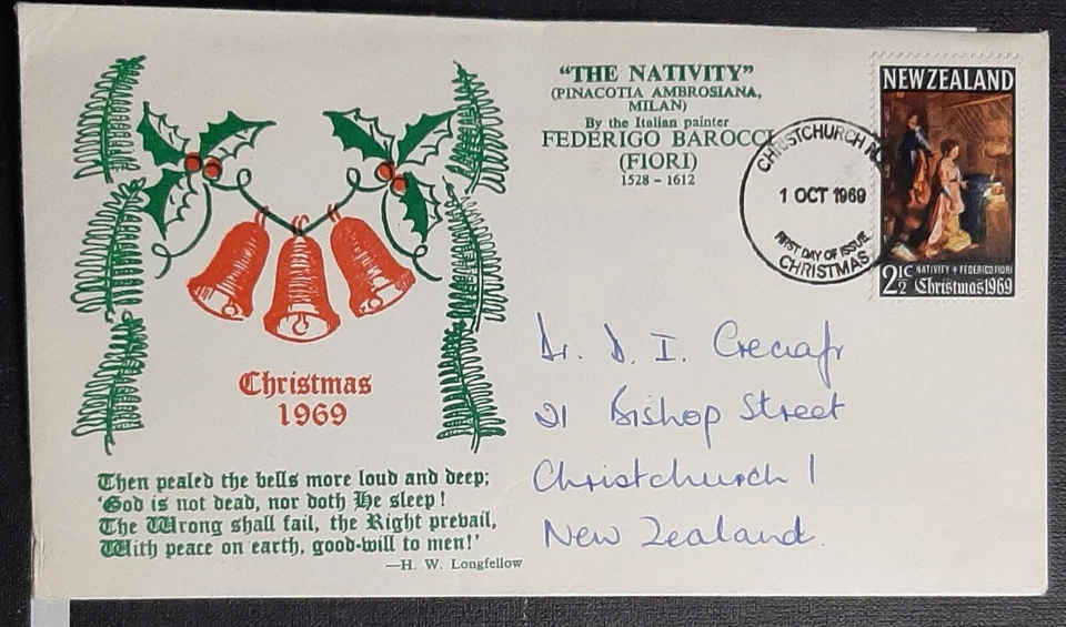 (NZL-227) NEW ZEALAND 1969 FDC Christmas CHRISTCHURCH pmk with SG 905 addressed - Image 1 of 1