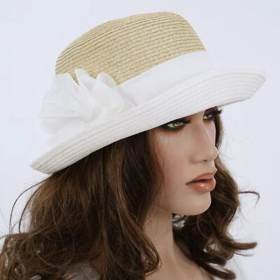 SOMBRERO DE VERANO NINE WEST para mujer 2 tonos BEIGE Y BLANCO banda blanca PIN DE FLORES DE GASA Foto 1 de 4