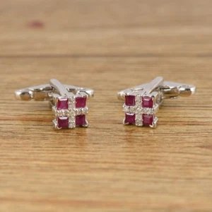 925 Sterling Silver Square Cut Ruby Gemstone Men's Cuff links - Picture 1 of 3