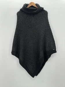 Calvin Klein Sweater Poncho Chunky Knit Black Silver Tinsel Turtleneck One Size - Picture 1 of 6