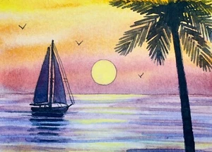 Watercolor Painting Ocean Sunset Island Palm Trees Tropical Nature ACEO Art - Picture 1 of 2