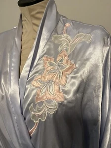 Vintage Natori Robe Blue Satin Pink Floral Appliqué and Belt Shoulder Pads - Picture 1 of 11