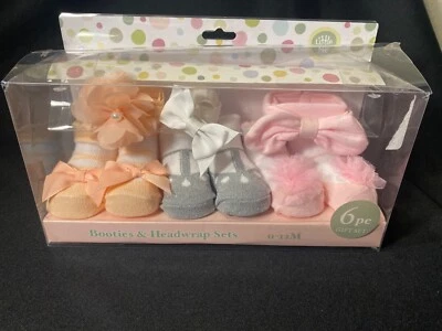 Little Me Booties & Headwrap Sets - Size 0-12 Months - 6Pc Gift Set NIB - Image 1 of 4