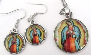 New Mexican Mary Our Lady of Guadalupe Picture Medal Pendant Necklace w Earrings - Picture 1 of 9