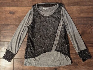 Keren Hart Damen grau Jersey Top mit schwarzem Strick Overlay & Knöpfen Größe Small - Bild 1 von 16