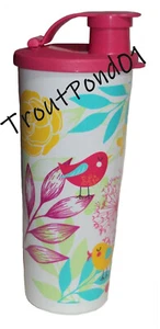 Tupperware 16 Oz Tall Tumbler Tropical Bird Paradise Pink Flip Top Seal Lid - Picture 1 of 2
