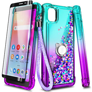 For Alcatel TCL A30 Case Liquid Glitter Ring Phone Cover w/ Tempered Glass