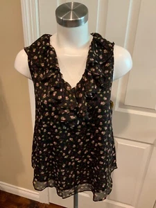 Rebecca Minkoff Black W/ Red Floral Pattern & Ruffle Neck Tank Top, Size XXS - Picture 1 of 5