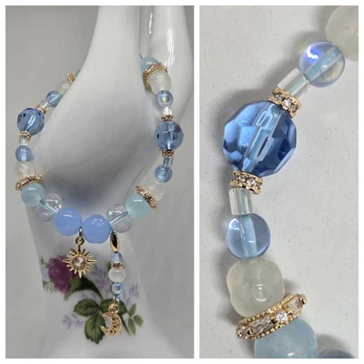 🌙Blue Moon-Clear Cuarzo Cristal💎Blue Selenita y Pulsera de Cuentas de Vidrio Vintage Foto 1 de 4