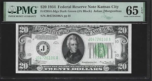 US $20 1934 PMG 65 EPQ UNC Fr#2054-Jdgs FRN Kansas City Julian/Morgenthau - Picture 1 of 4