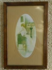 Antique Picture Woman in 1910's on a settee wood framed glass Oval inset faded