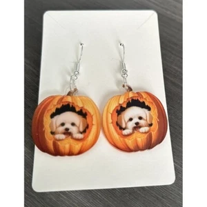 Pumpkin Dog Earrings Halloween Dangle Drop Earrings Fall Autumn Jewelry - Picture 1 of 2