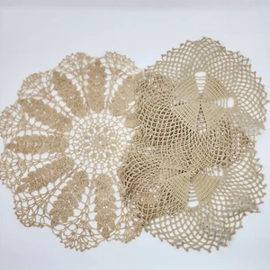 Vtg Lot 3 Large Hand Crocheted Doilies Tan & Cream Pair of 11" & 16" Table Linen - Picture 1 of 12