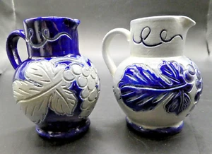 BETSCHDORF ALSACE COBALT SALT GLAZE POTTERY MINIATURE 3” PITCHERS SET OF 2 SIGN - Picture 1 of 3