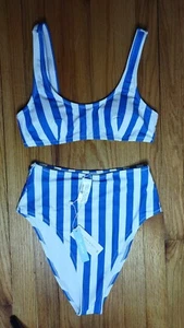 Cupshe blue & white High Waisted Bikini Set Swimsuit Medium AC41632S - Picture 1 of 3