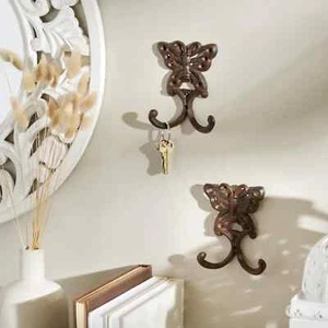 Cast Iron Antique Butterfly Home Décor Wall Mount Hook Set Of 2 - Picture 1 of 2