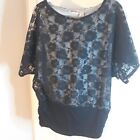 Gold Flava Women Blouse, Black Lace Over White, Size 14, Gathered Waist