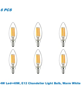 6 Bulb,4W LED=40W,E12 Base,Soft White 2700K, Chandelier Bulb,Filament Candelabra - Picture 1 of 3