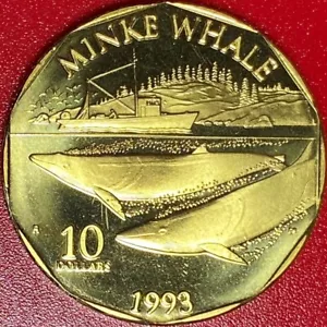 1993 MARSHALL ISLANDS $10 "MINKE WHALE" SHIP BU PROOF-LIKE BRASS RARE! no silver - Picture 1 of 4