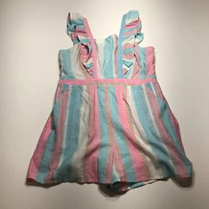 The Impeccable Pig Romper Womens Large Aqua Pink Striped Boho Cute Ruffled NWT - Picture 1 of 11