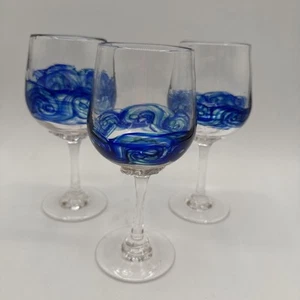 MUNDGEBLASENE GLAS OZEANWELLE WEIN/WASSERKELCHE. 3er Set - Bild 1 von 11