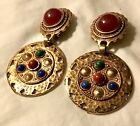 Vtg ROBERT ROSE Earrings Gold Tone Clip-On w/Multi Colored Stones Etruscan Style