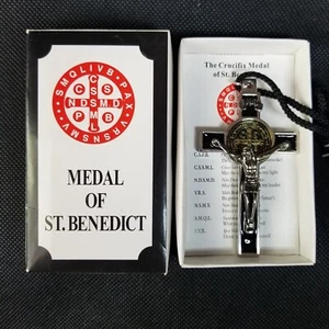Enamel Silver & Goltone St Benedict Medal Crucifix Catholic Necklace w/Box - Picture 1 of 7