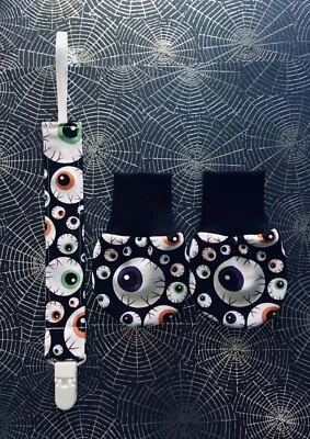 Halloween Spooky Eye Balls Pacifier Clip Mitts Set Newborn Baby Little Monsters - Image 1 of 4