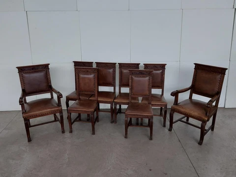 CARVED ITALIAN WALNUT ANTIQUE 1900'S OLD DINING ROOM CHAIRS - 22IT2D Cover