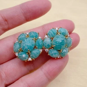 Natural Green Faceted Amazonite Cz Pave Stud Earrings Golden Plated Jewelry - Picture 1 of 5