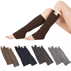 Women Solid Knitted Crochet Button Lace Leg Warmer Socks Winter Boot Socks - Picture 1 of 16