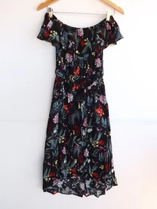 Just Jeans Dress 6 Womens Black Multicolour Floral Off Shoulder Bow Belt Ruffle - Picture 1 of 9