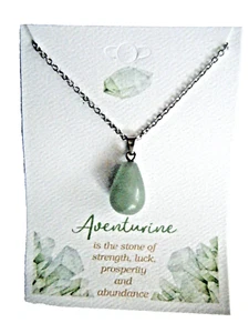 Aventurine Teardrop Natural Polished Stone Necklace 16-18" Silver Plated Chain - Picture 1 of 2