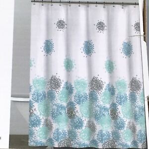 DKNY Modern Brush Stroke Floral Shower Curtain Gray Dusty Blue Turquoise NEW