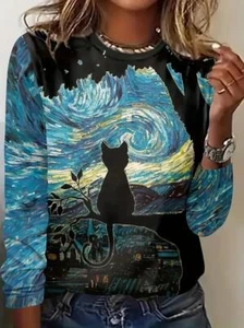 Fashion Women Cat Starry Print Crew Neck T-Shirt Casual Long Sleeve Top Clothing - Picture 1 of 5
