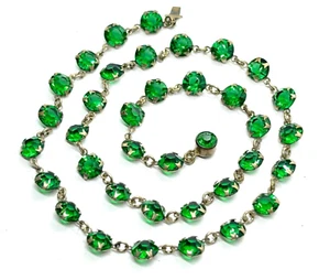 Antike Art Deco Halskette vergoldetes Metall leuchtend grüne Paste Zargenfassung - 15 Zoll - Bild 1 von 9