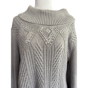 Karen Scott grey sequins cowl neck cable knit pullover sweater sz L - Picture 1 of 12