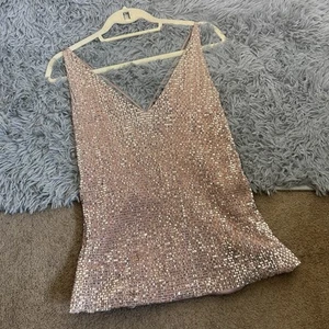 EXPRESS Women’s Sz Medium Gold Sequin Strappy Top Low Cut Back Club Party (C) - Picture 1 of 8