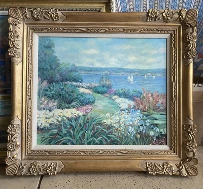 Винтажная оригинальная картина маслом середины века прибрежное искусство лодка в рамке с автографом художника - Изображение 1 из 4