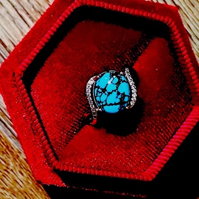 Natural Spiderweb Turquoise Ring Statement Deco Diamond Halo Adjustable - Image 1 of 4