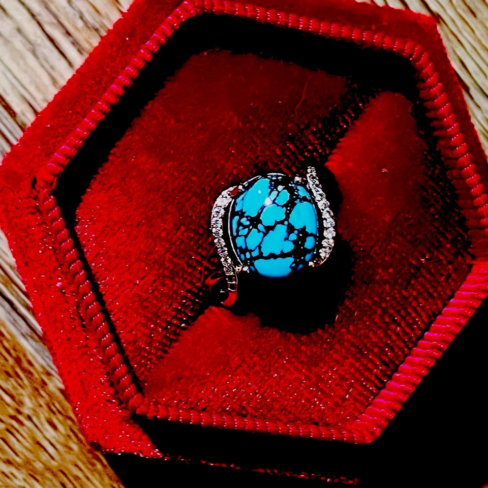Anillo Turquesa Telaraña Natural Declaración Deco Diamante Halo Ajustable Foto 1 de 4