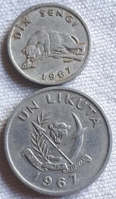 2 X CONGO DEM.REP. : 10 SENGHI + 1 LIKUTA  1967 KM 7 & 8 - Image 1 of 2