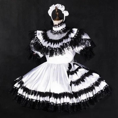 Adulto Niña Criada Sissy Bloqueable Blanco Satinado Vestido Cosplay Disfraces A Medida Foto 1 de 3