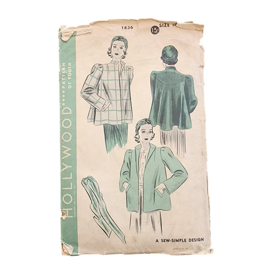 Vintage 1940s Sewing Pattern ORIGINAL Swing Coat + Turban Hollywood 1836 Bust 32 - Image 1 of 4
