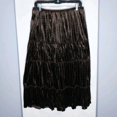 Central Park Maxi Skirt Sz L Brown Velour Sequins Ruffle Boho Hippie Festival  - Image 1 of 4