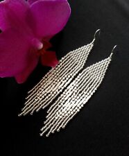 Handmade long seed bead fringe earrings white silver woman boho earrings gift