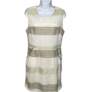 Esley White Cotton Linen Striped Shift Dress Sleeveless Navy Piping Pockets Sm - Picture 1 of 4
